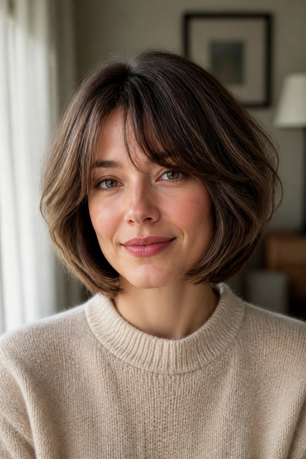 Portrait of a real woman with layered bob hairstyle, front view