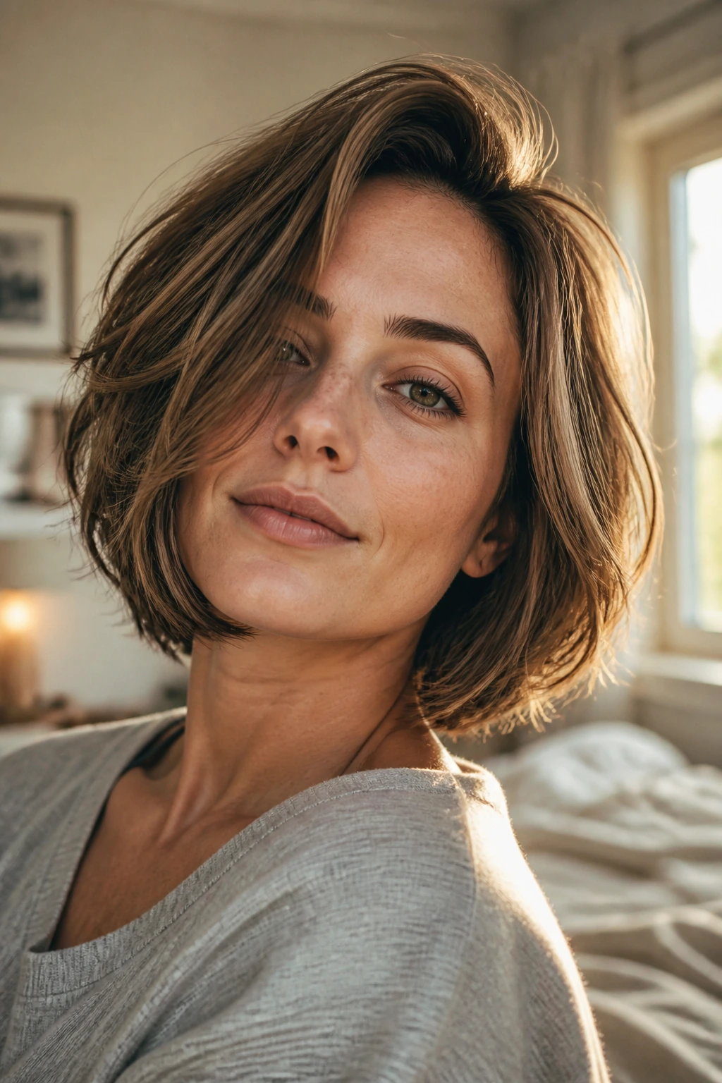 Close-up portrait of a real woman with layered bob in morning bedroom light