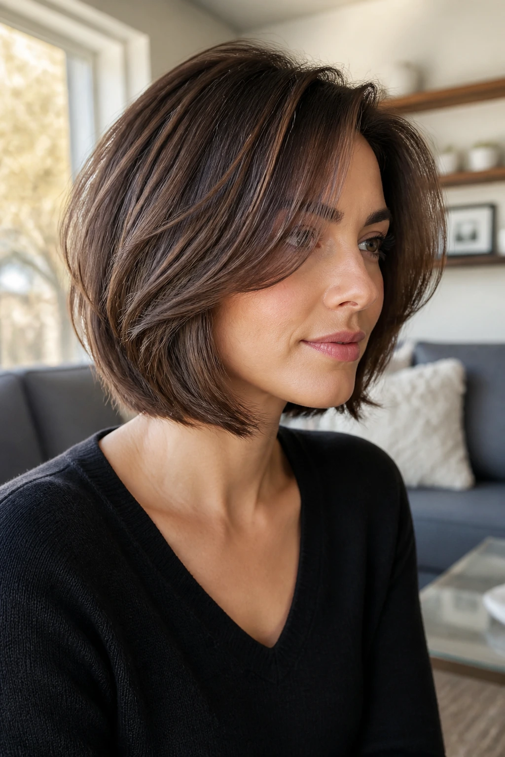 Close-up portrait of a real woman with interior layers in a layered bob.