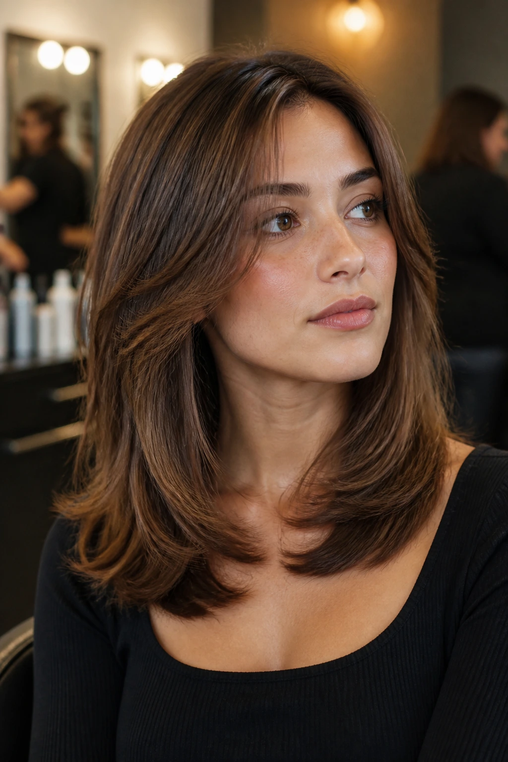 Real person with layered bob showing thoughtful expression in a salon