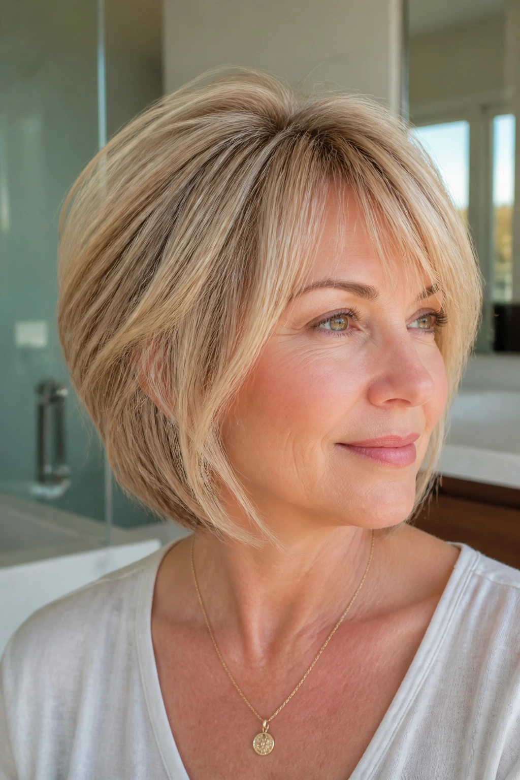 Close-up of a real woman with a layered bob and rounded crown lift in natural light.