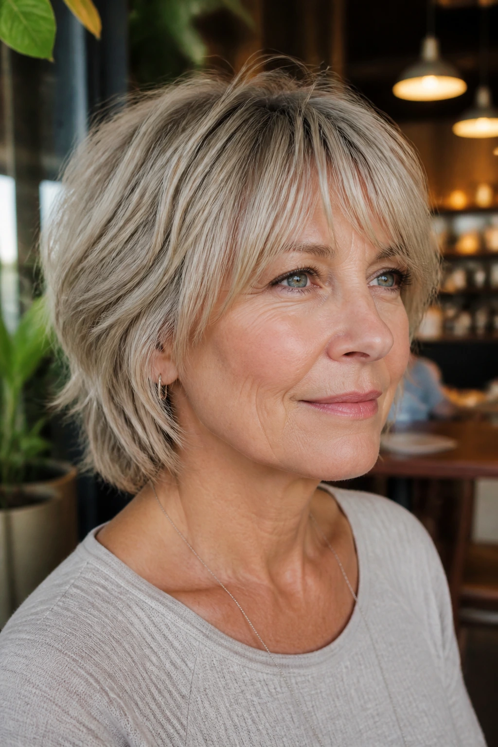 Real woman with layered bob-shag showing movement around face
