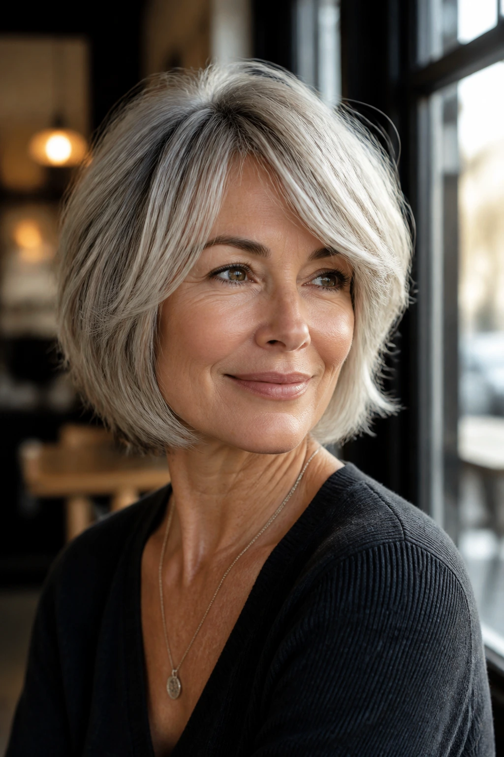 Portrait of a real woman with layered bob shag showing interior layers and front perimeter in cafe light.