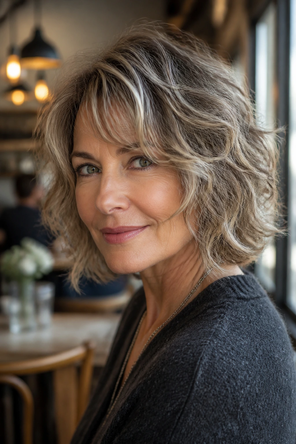 Close-up of a real woman with layered bob shag soft edge in cafe light