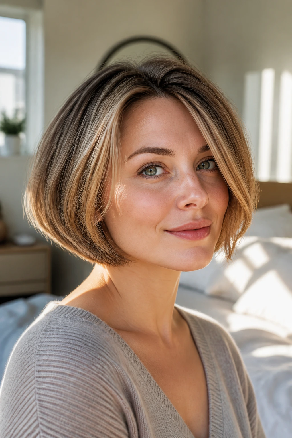 Portrait of a person with a sharp layered bob silhouette in soft morning light.