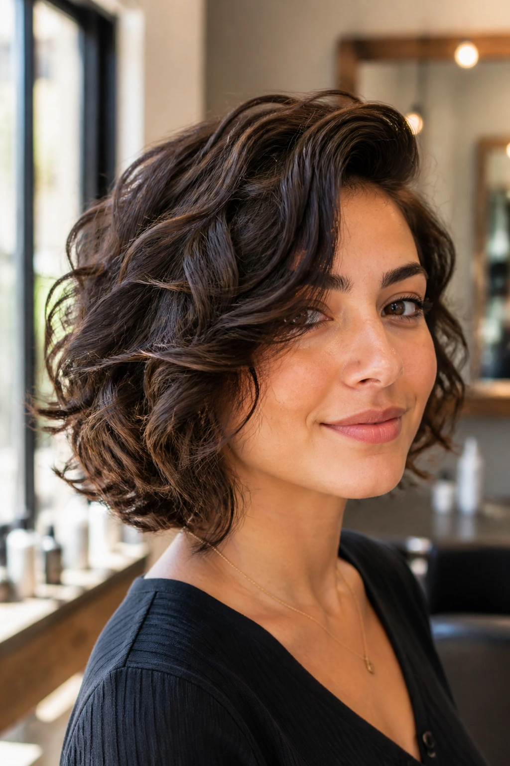 Close-up of a real woman with layered bob and deep side sweep in sunlit salon