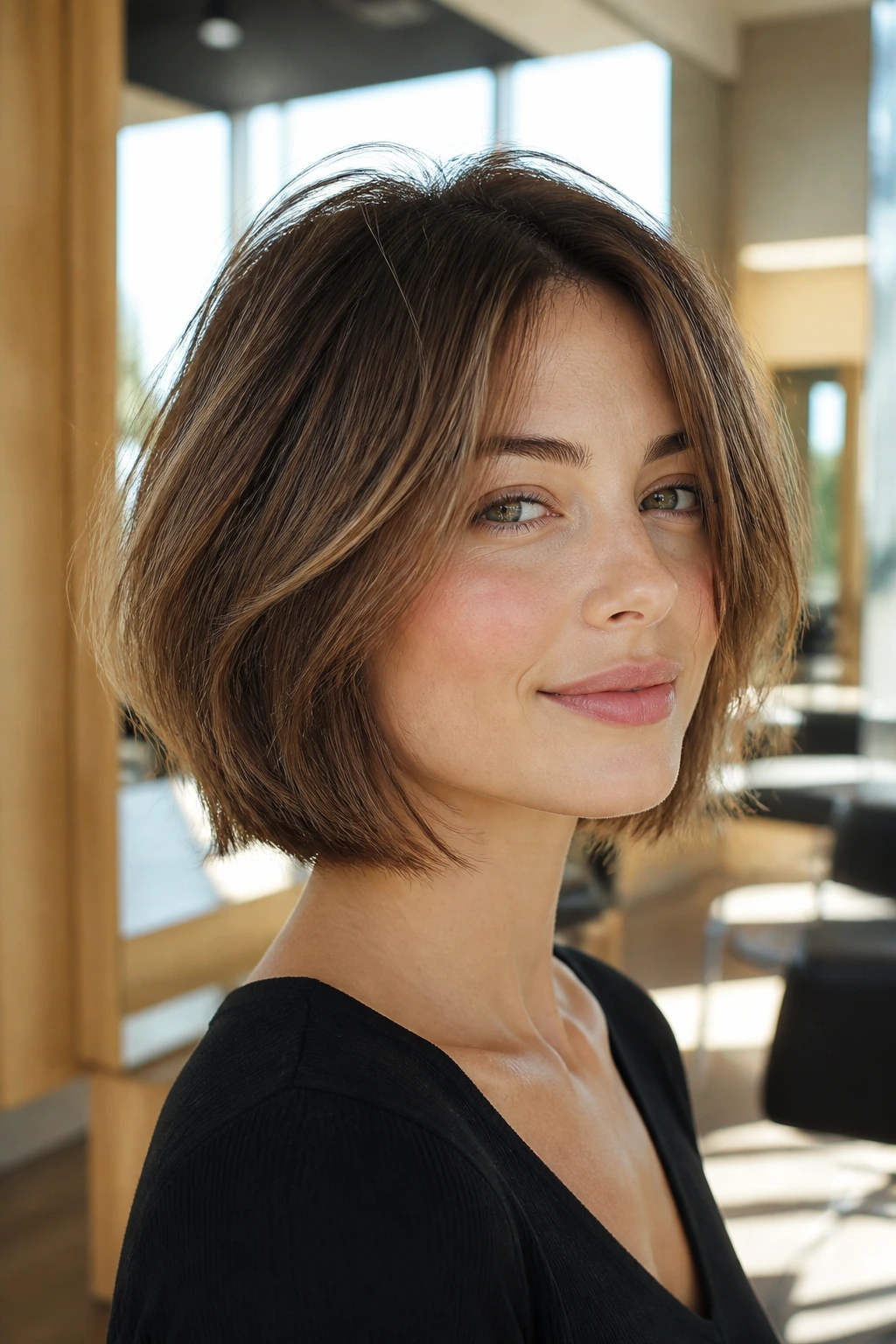 Close-up portrait of a real woman with layered bob haircut showing lift and movement