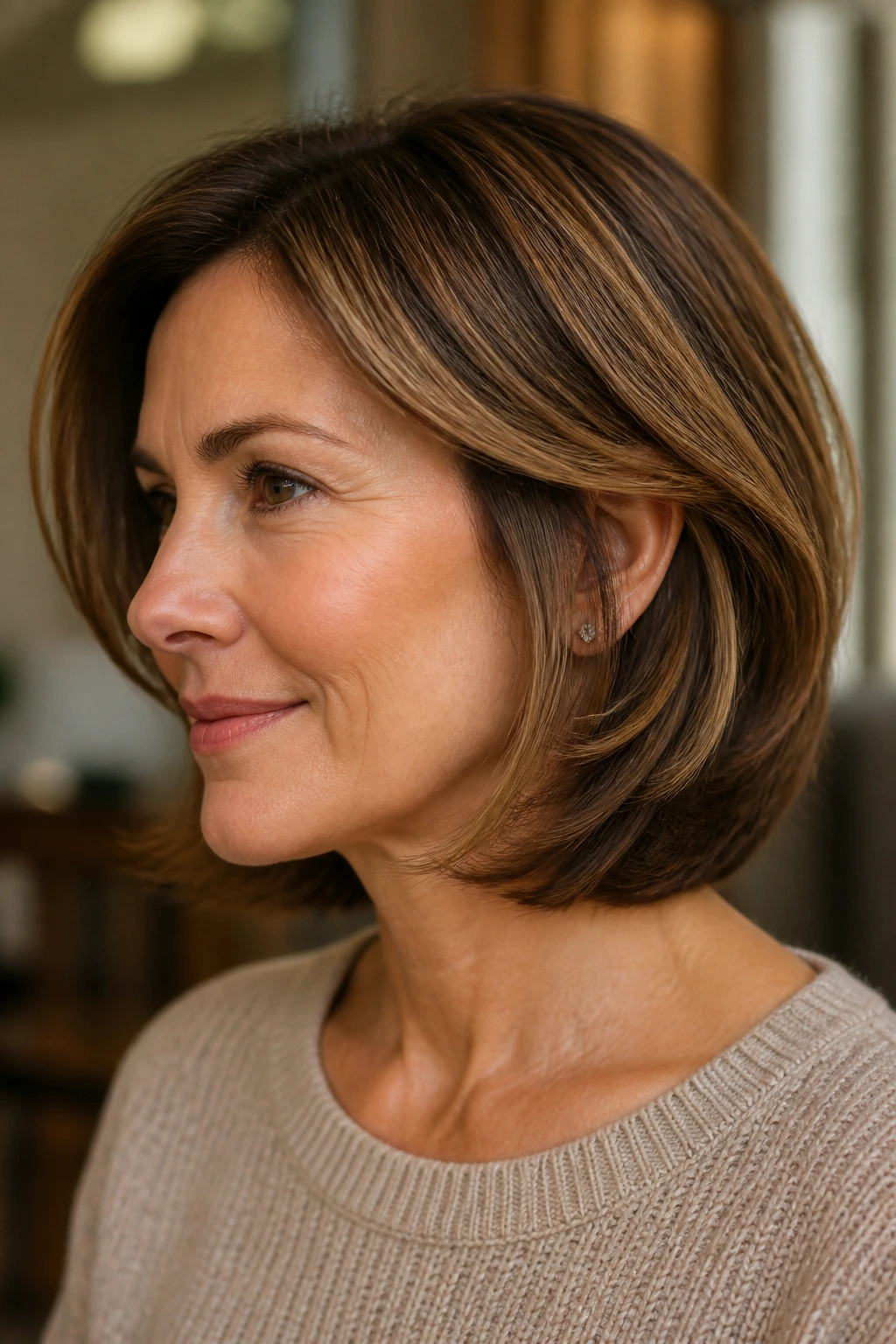 Real person with layered bob and soft bevel.