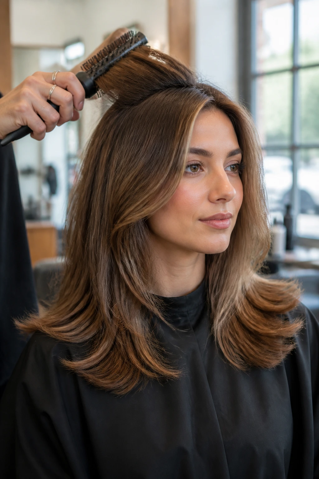 Portrait of a person styled to keep layers visible with round brush lift.