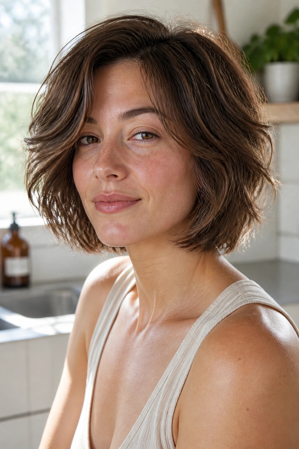 Portrait of a real woman with layered bob showing texture variations