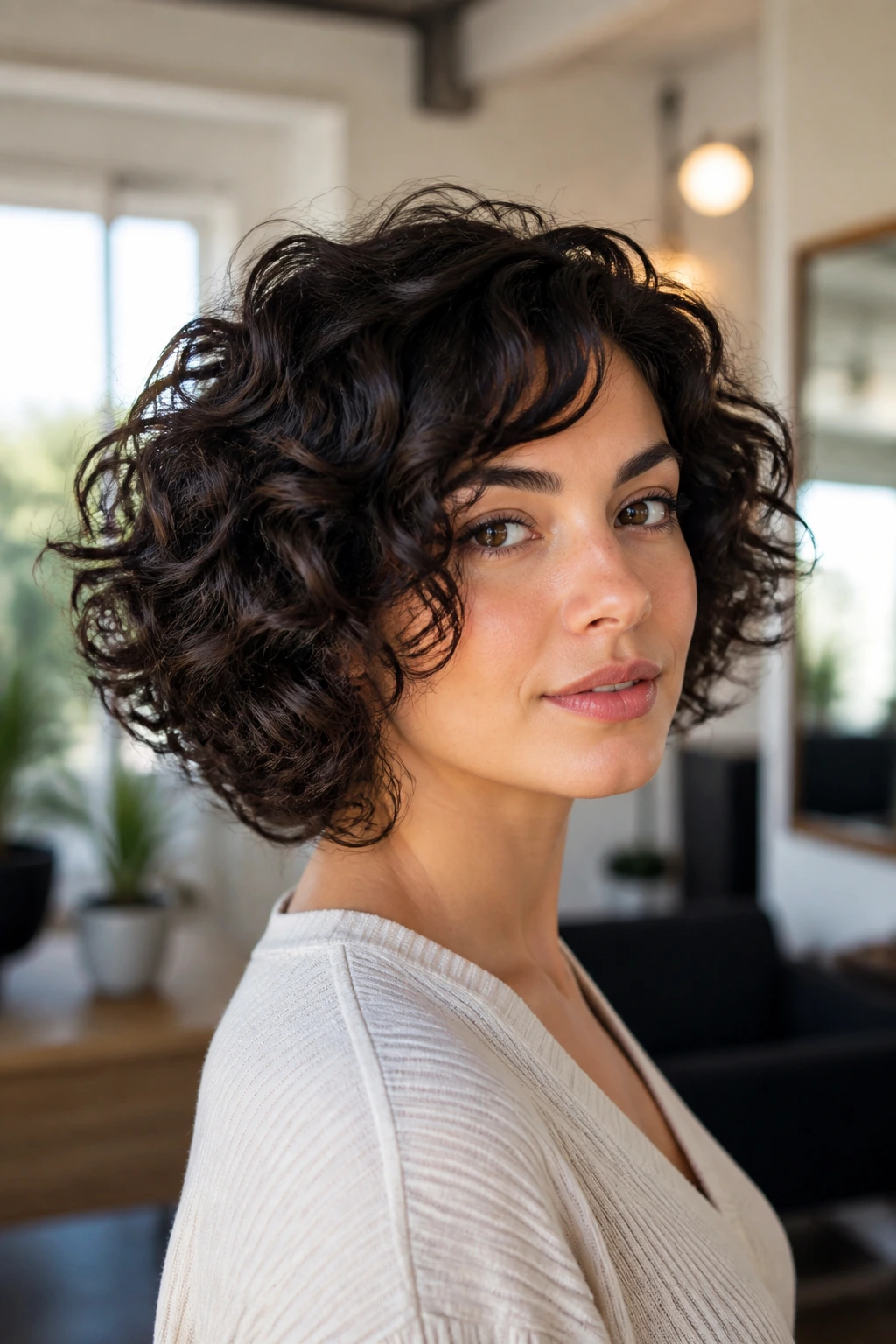 Real-person portrait with layered bob for thick curls