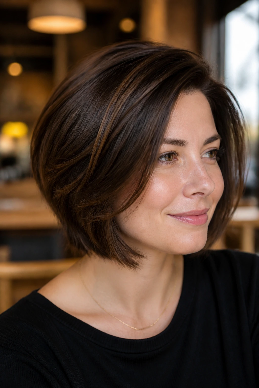 Real woman with layered bob for thick hair in a cozy cafe