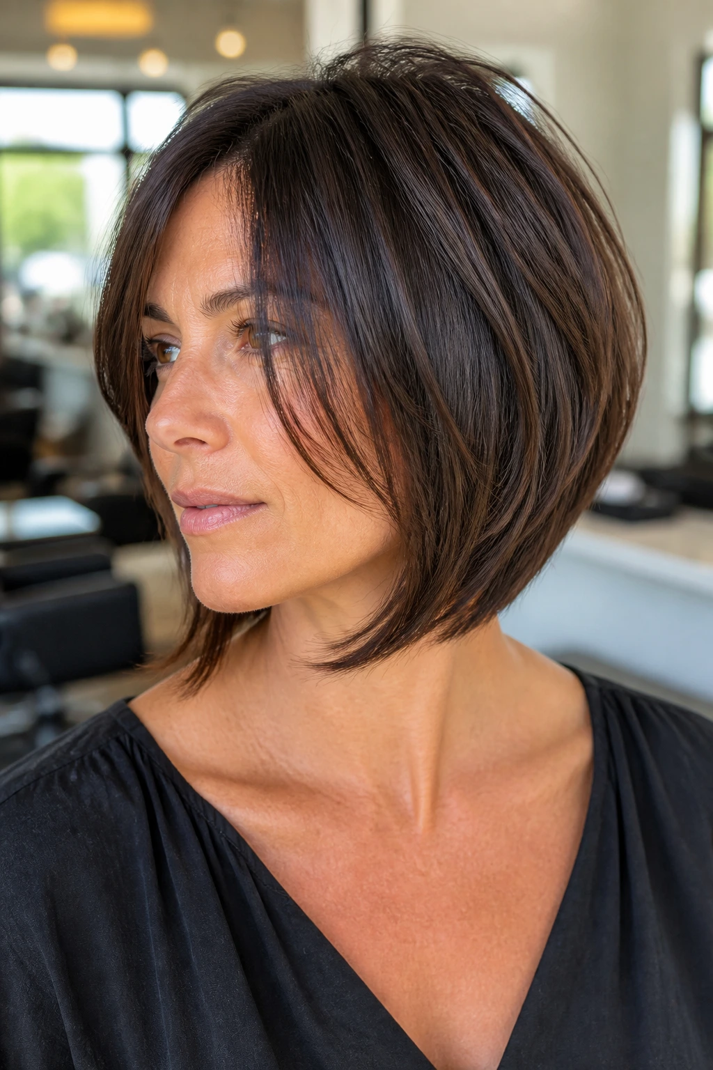 Close-up portrait of a real person with a weight-removing layered bob for thick hair in a salon.