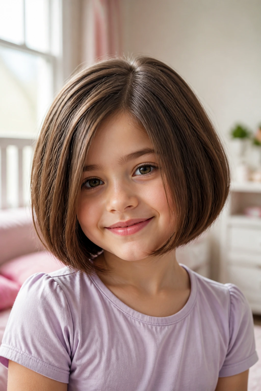 Close-up portrait of a real child girl with a layered bob for thick hair in soft daylight