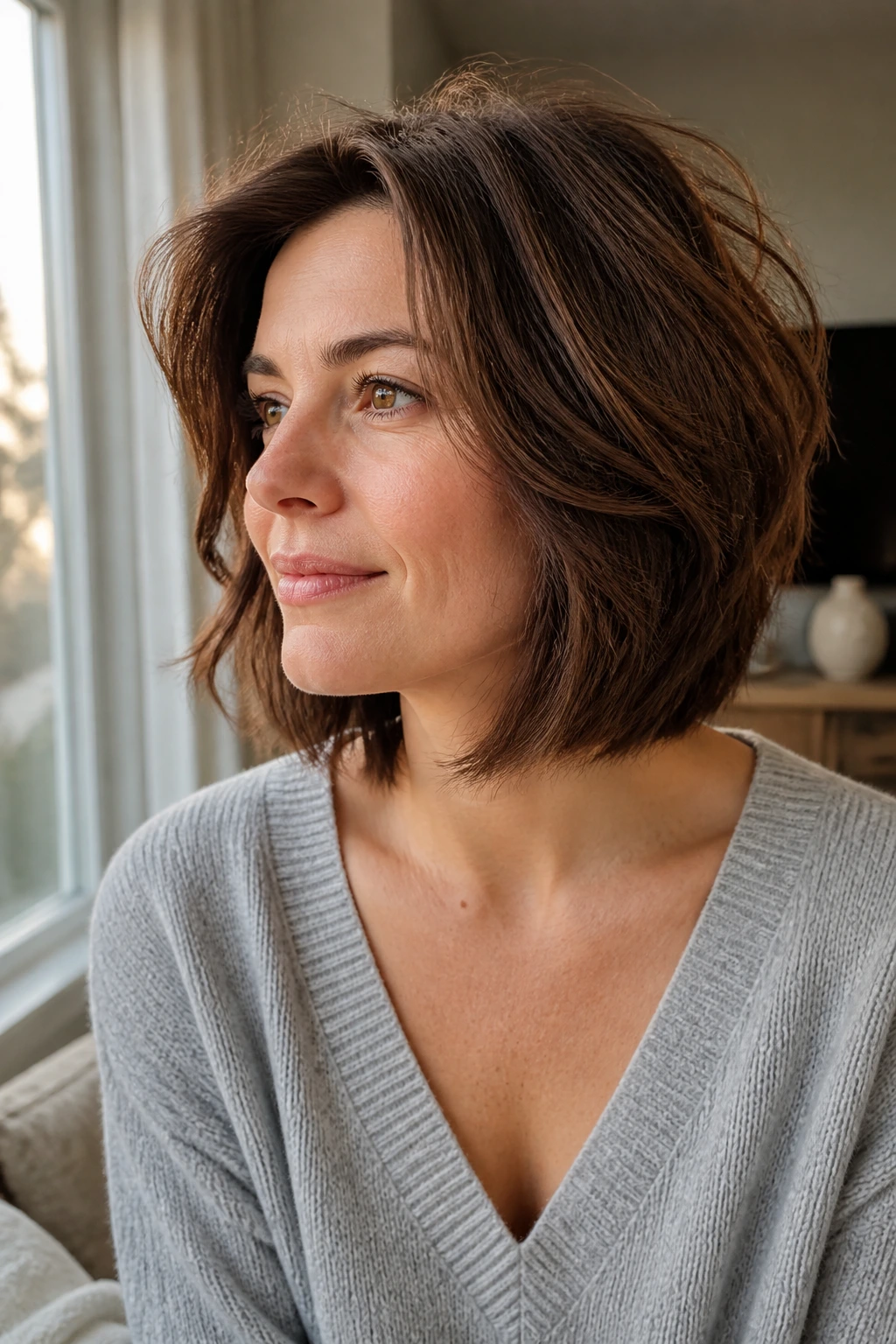 Medium close-up of a real person with layered bob in a real-life setting demonstrating movement.