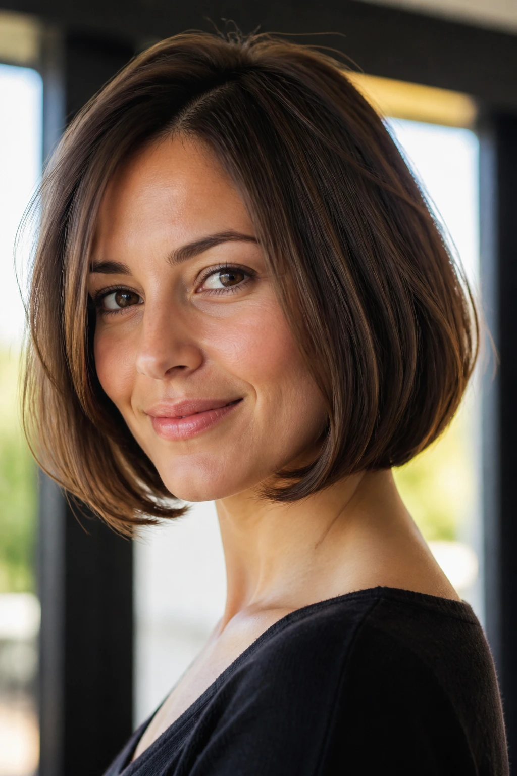 Close-up portrait of a real woman with layered bob and tucked-under ends.