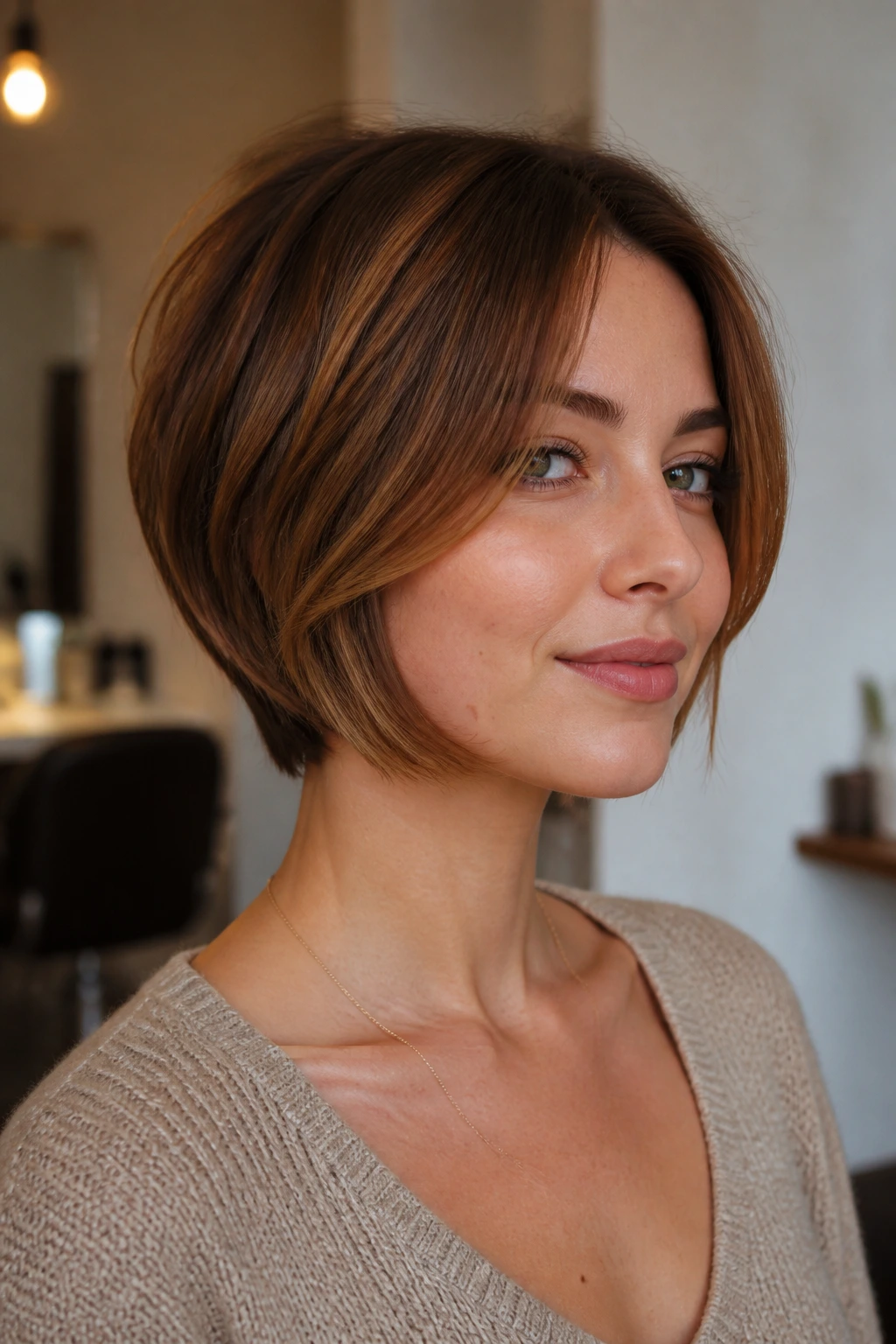 Real person with layered bob showing subtle cheekbone framing tweaks.