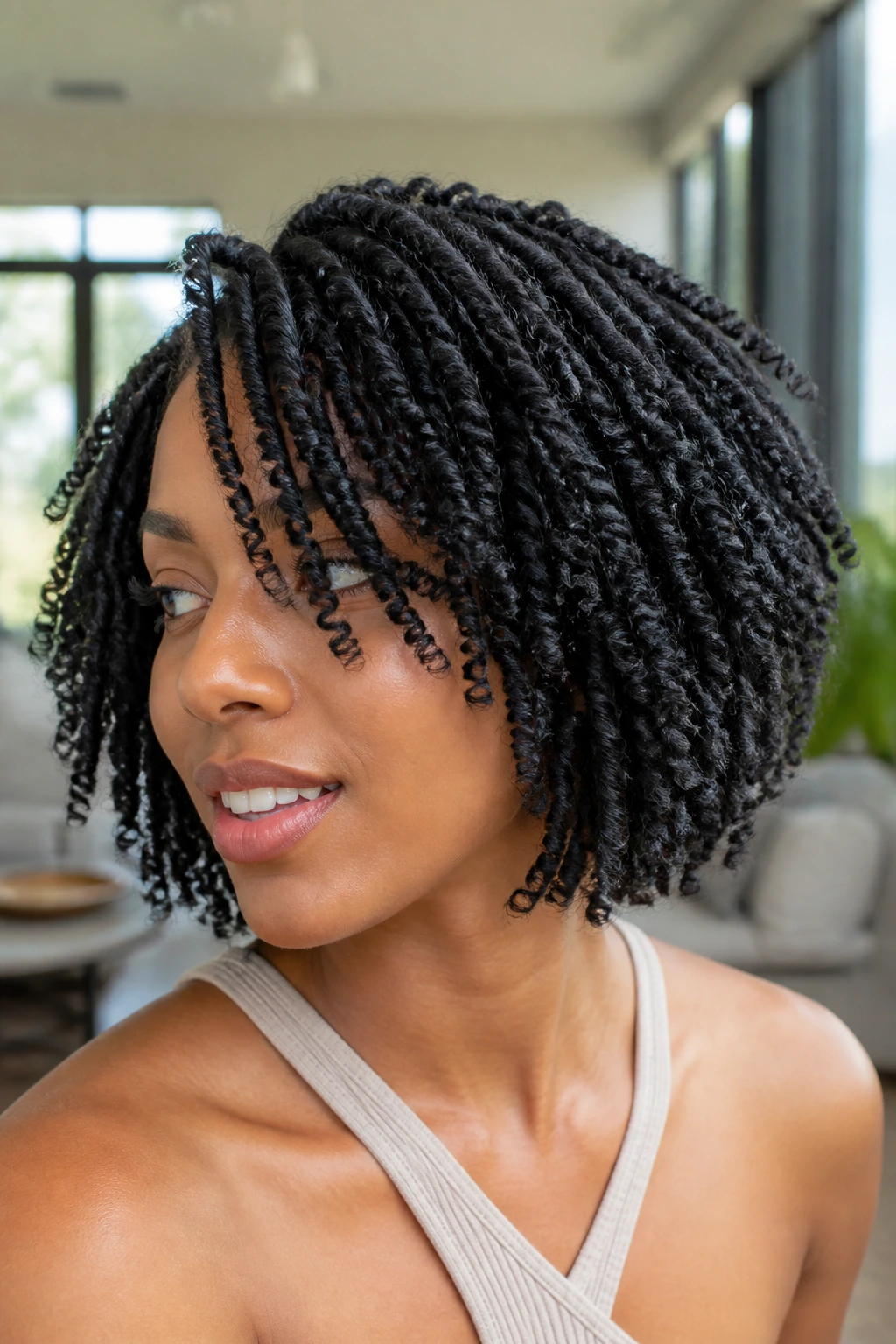 Close-up of a real woman with layered bob spring twists