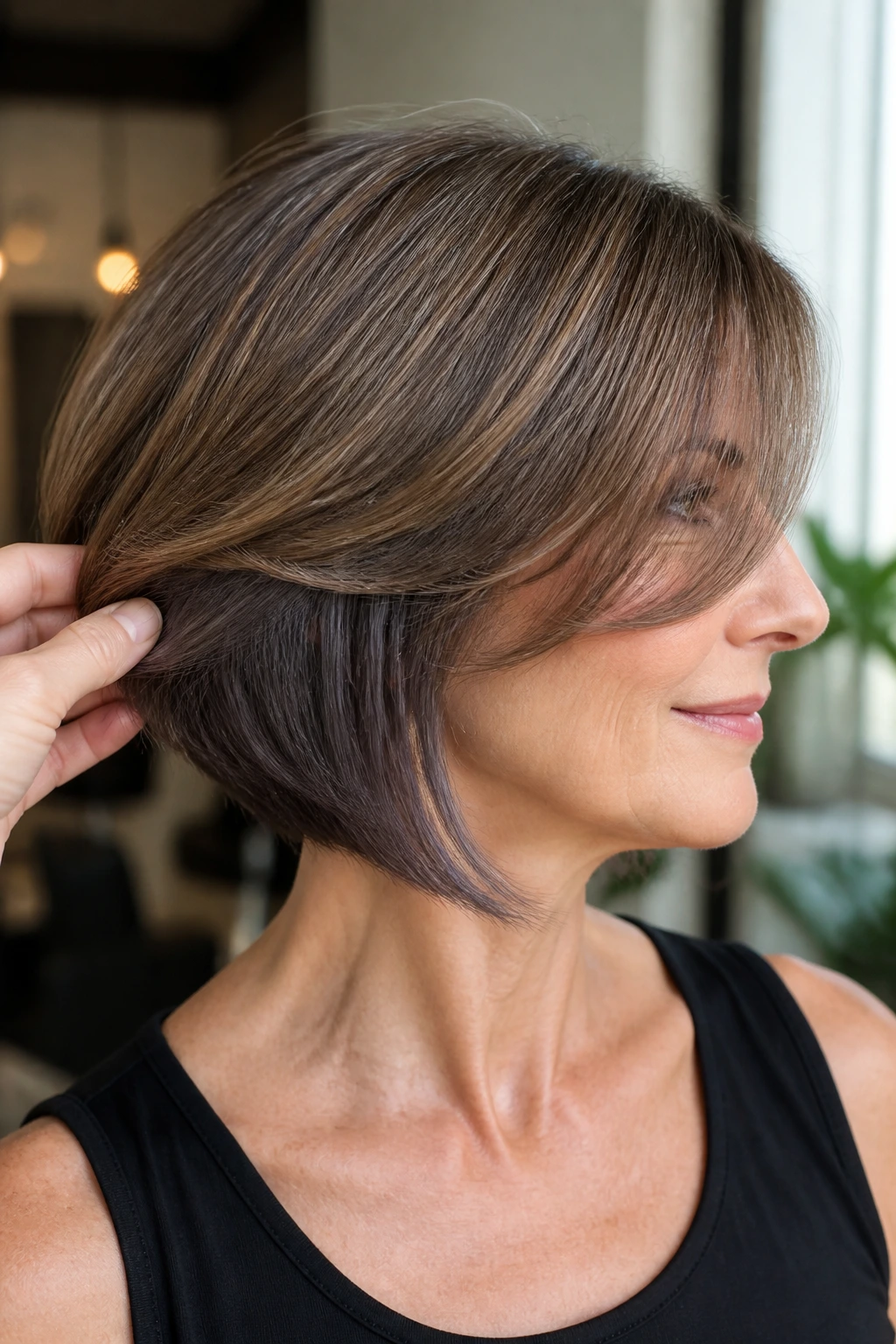 Real woman portrait with layered bob and hidden underlayer for fullness.