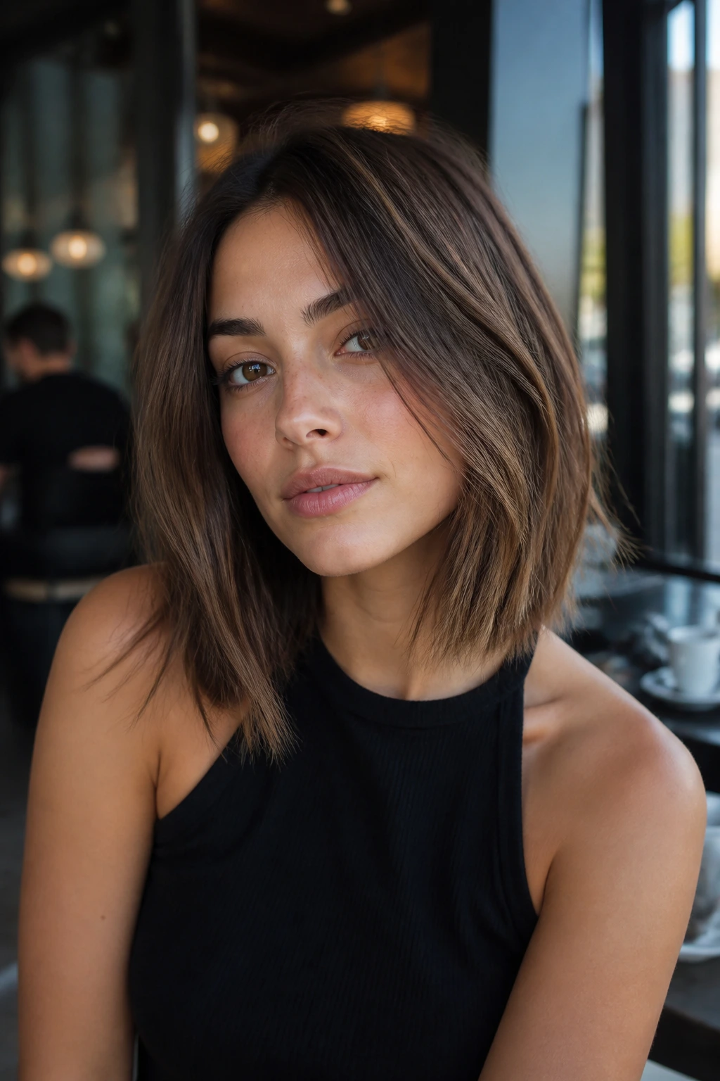 Real person with a collarbone-length layered lob in cafe lighting.