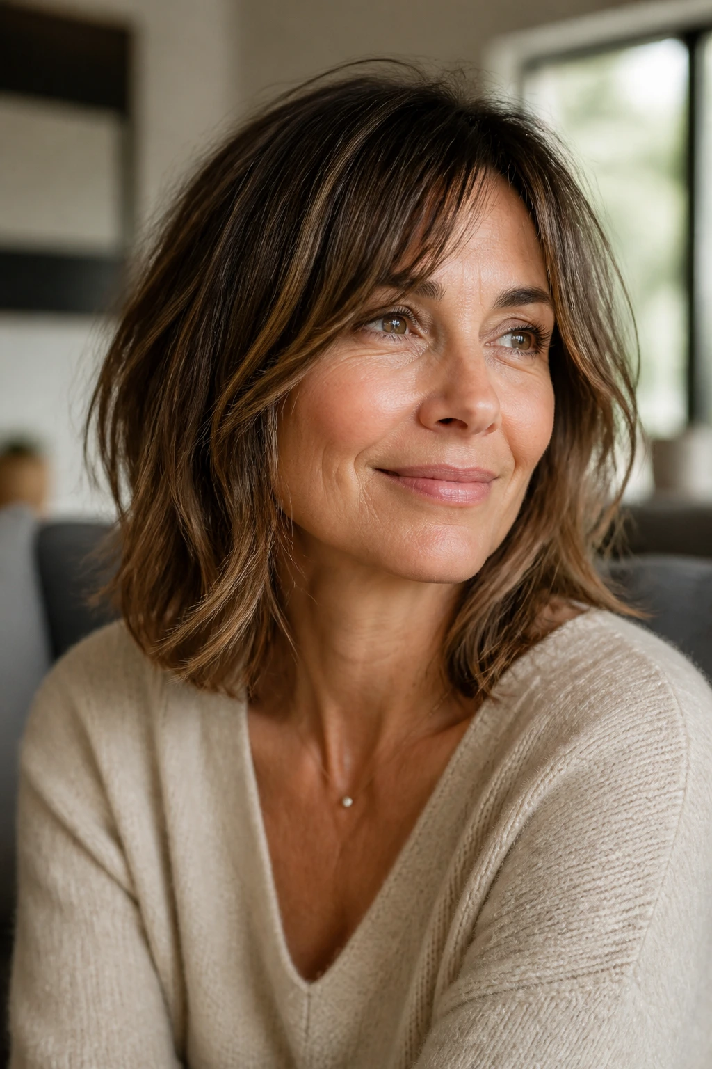Woman with layered bob and natural, lived-in waves in a cozy room.