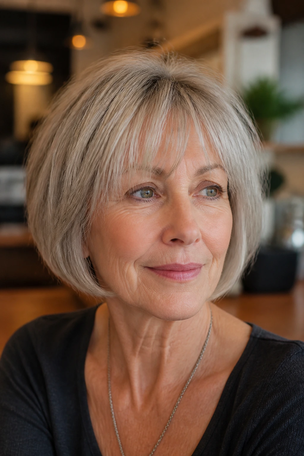 Real woman with layered bob and wispy fringe portrait