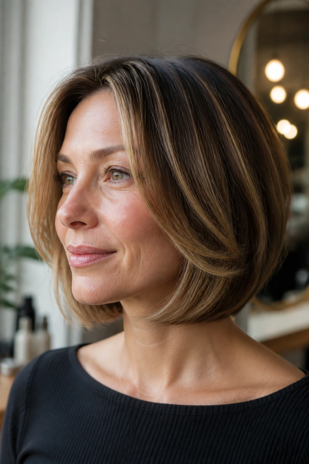 Close-up portrait of a real woman with a layered bob showing weight and end movement