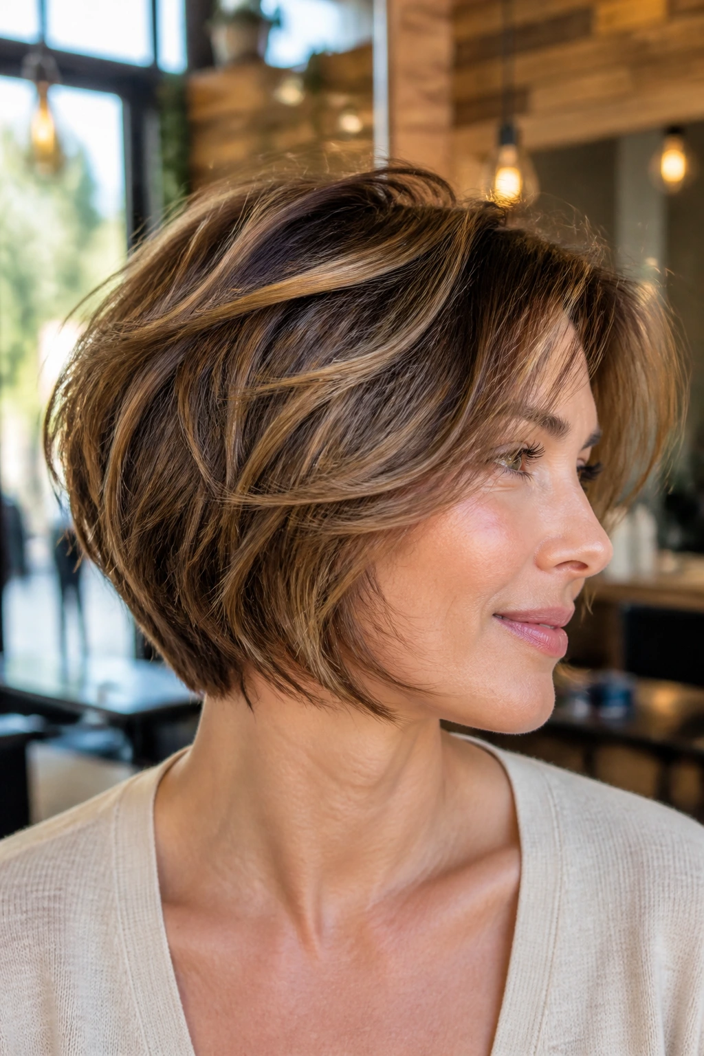 Close-up of a real woman with layered bob showing lift at the crown in warm salon light