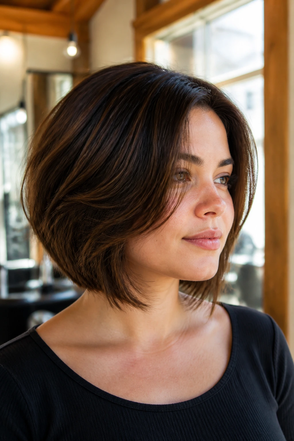 Close-up portrait of a real woman with a thick layered bob in a sunlit salon.