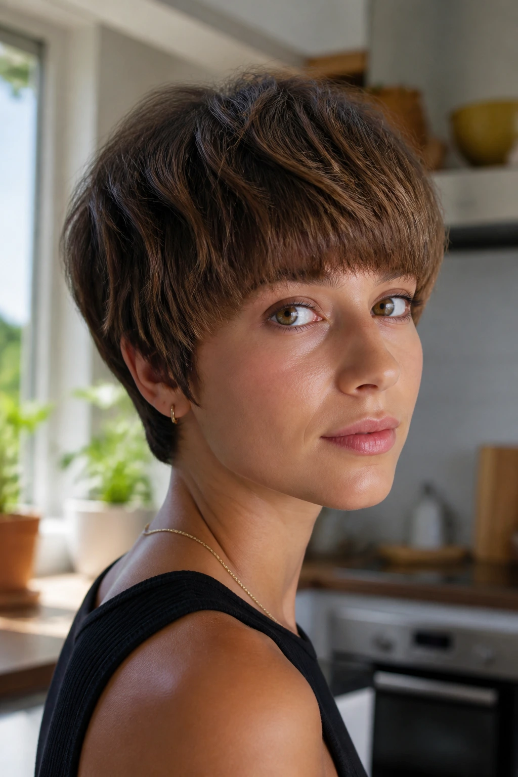 Close-up portrait of a person wearing a layered bowl cut in a bright kitchen