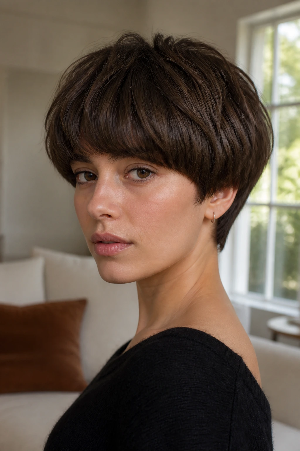 Close-up portrait of real woman with layered bowl cut and rounded silhouette