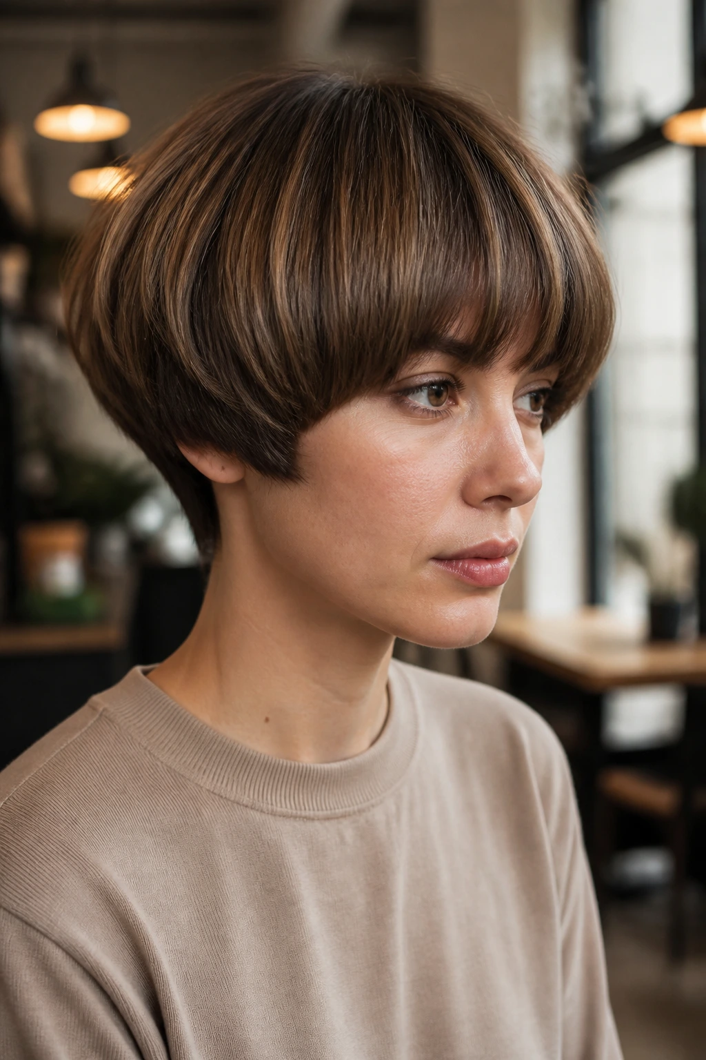 Close-up of a real person wearing a layered bowl cut with internal layers and subtle highlights in natural light