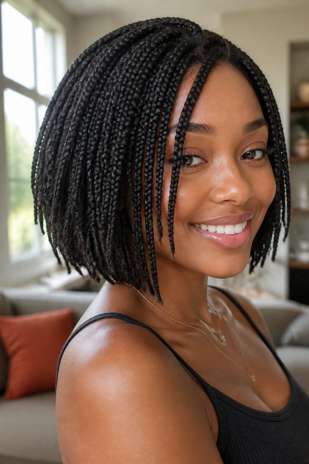 Close-up of a real woman with a layered box braid bob framing the face