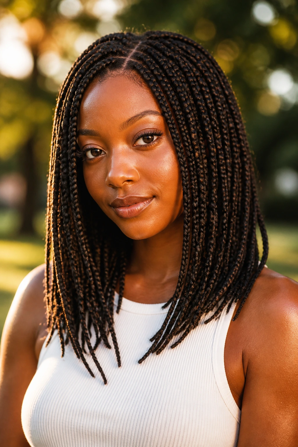 Portrait of a woman with layered box braids showing movement in the ends.