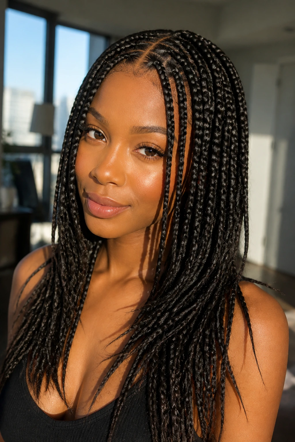 Portrait of a woman with layered box braids framing her face