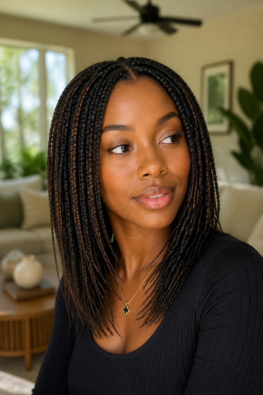 Close-up of a real woman with layered box braids