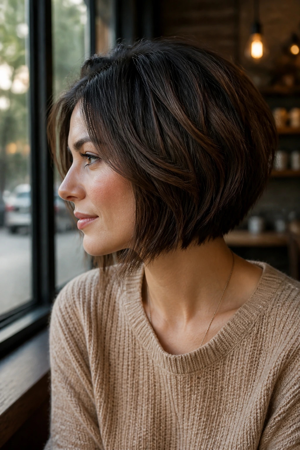 Close-up of a real woman with layered boxy bob and textured interior layers