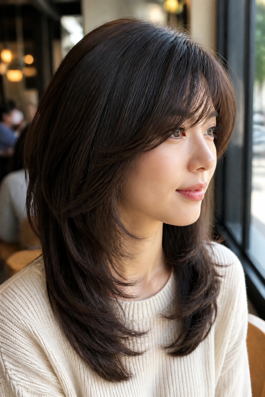 Close-up of real person with layered C-cut and side bangs