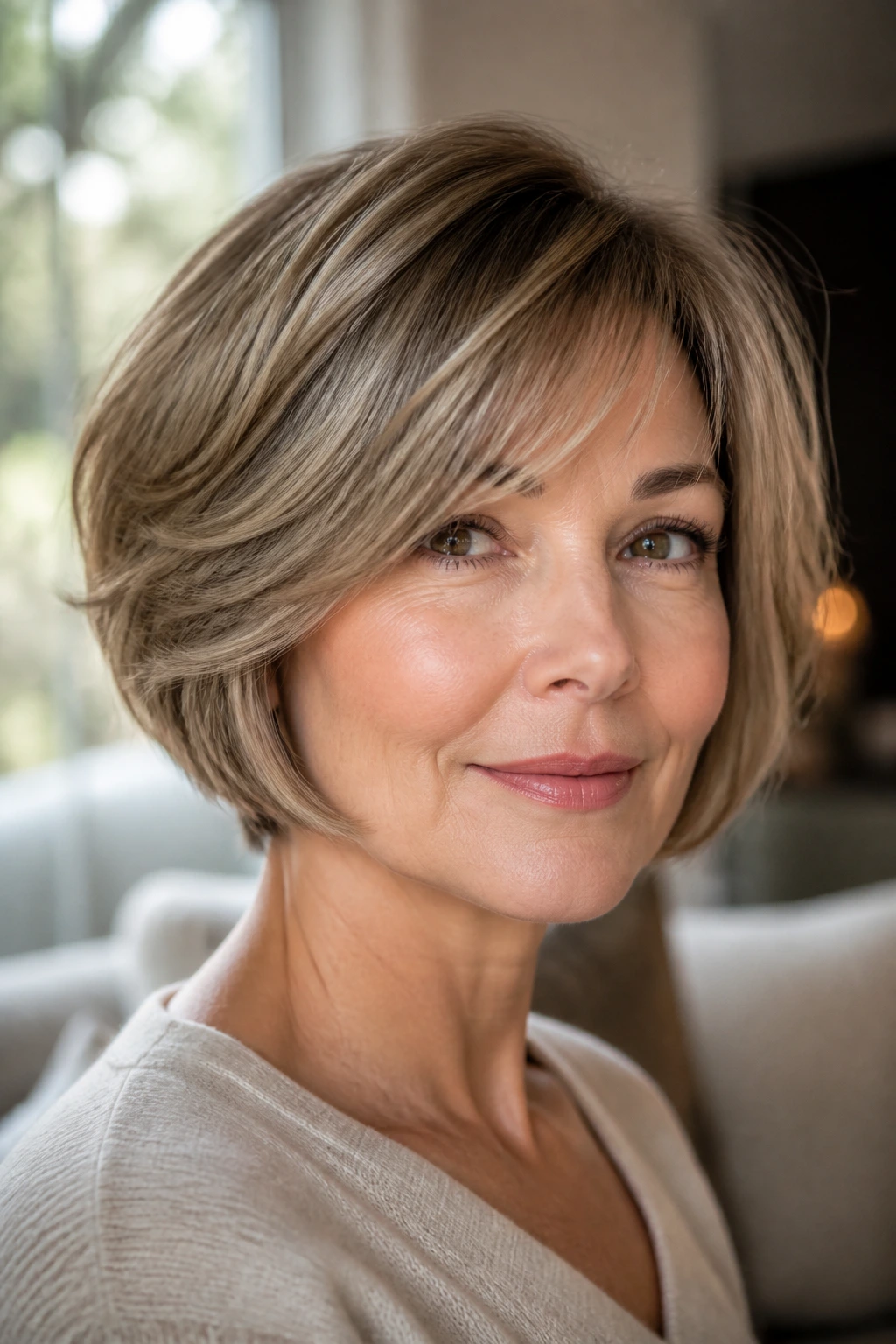 Close-up portrait of a woman with a soft layered chin bob