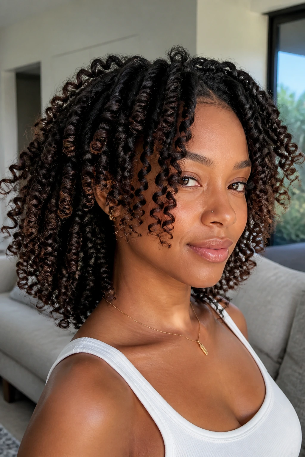 Portrait of a woman with front coil layers framing the face.