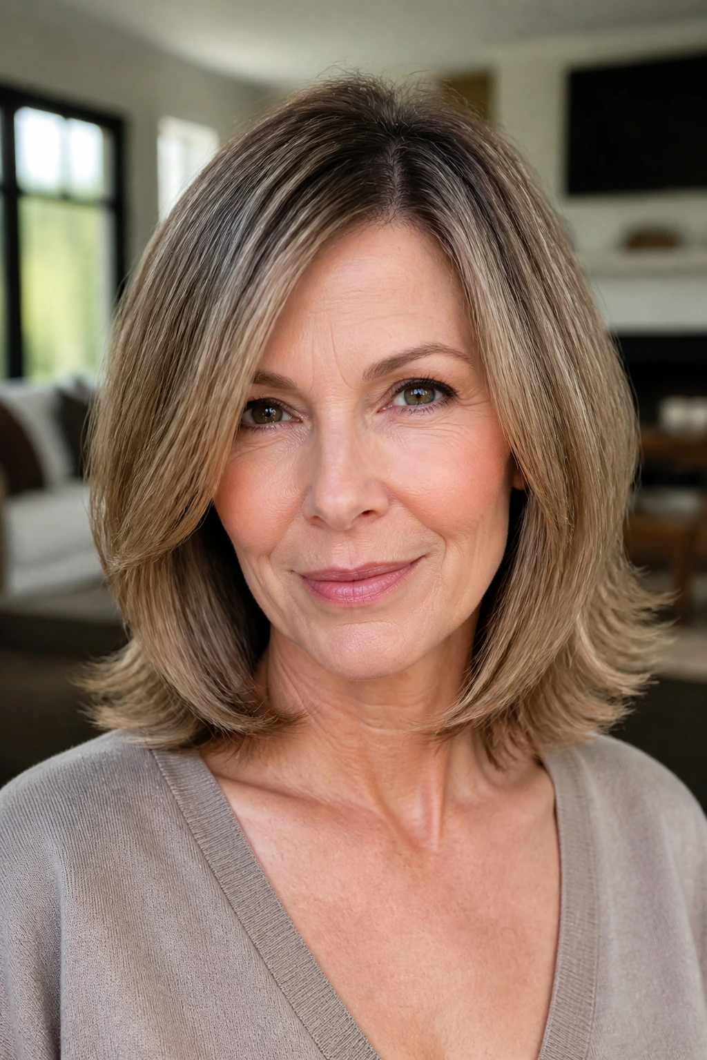 Close-up portrait of a real woman with a layered collarbone bob and invisible layers in bright living room light.