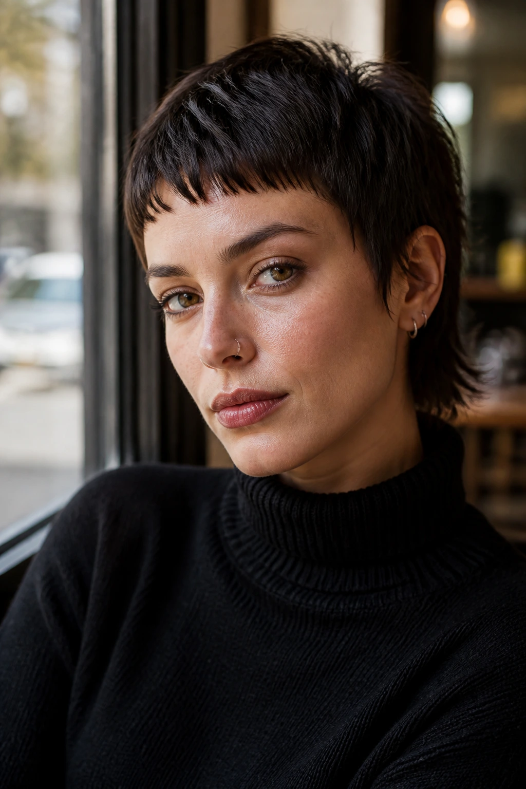Close-up portrait of a real woman with layered crop and baby bangs in soft cafe light