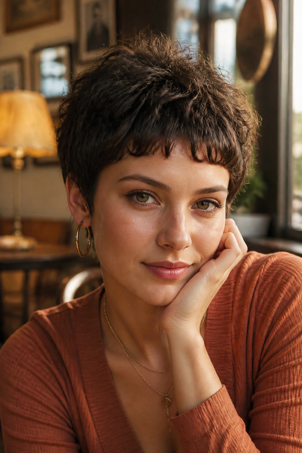 Close-up of a real woman with layered crop and baby bangs.