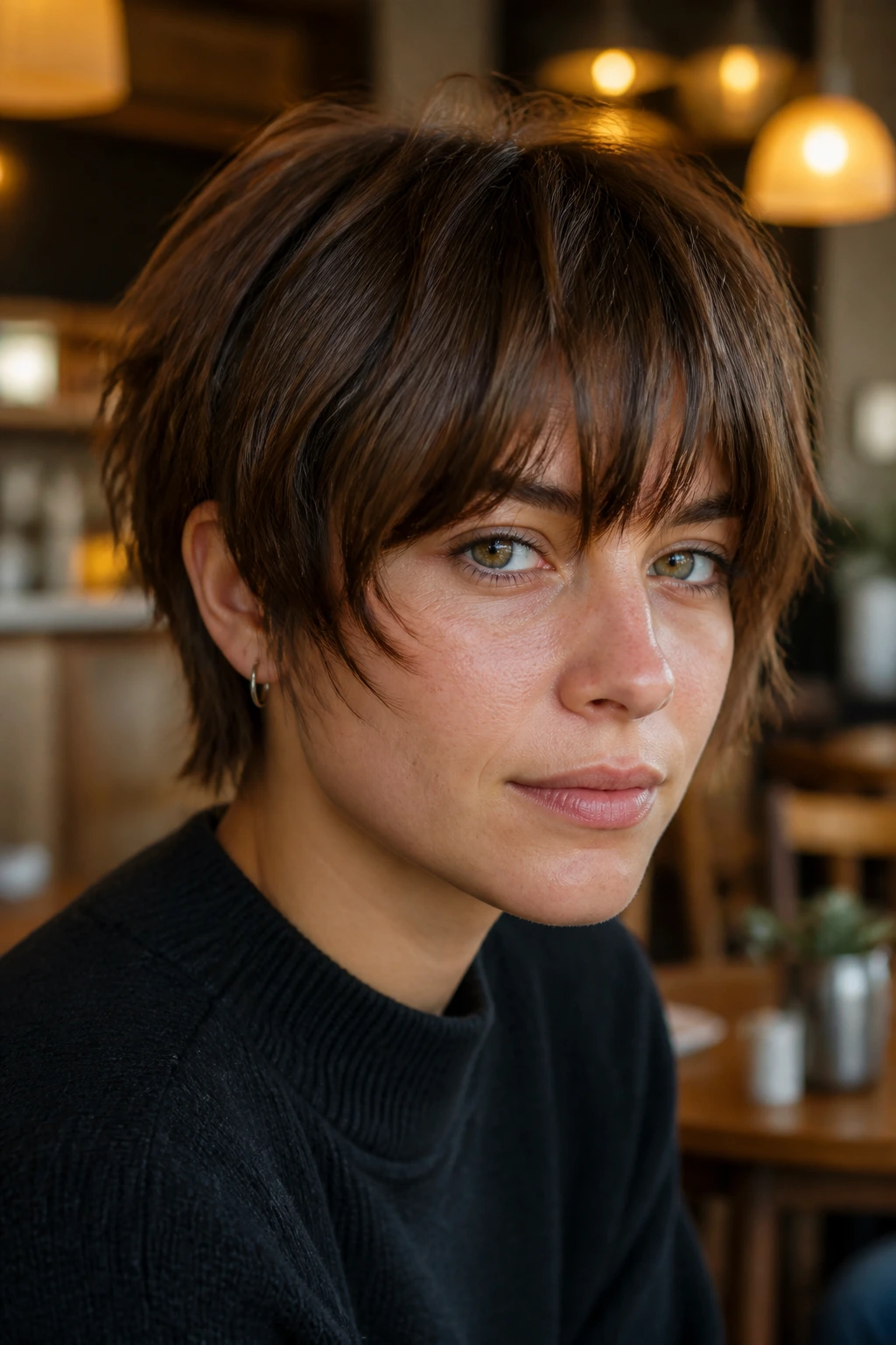 Close-up of a real person with layered crop and bottleneck bangs in cafe light
