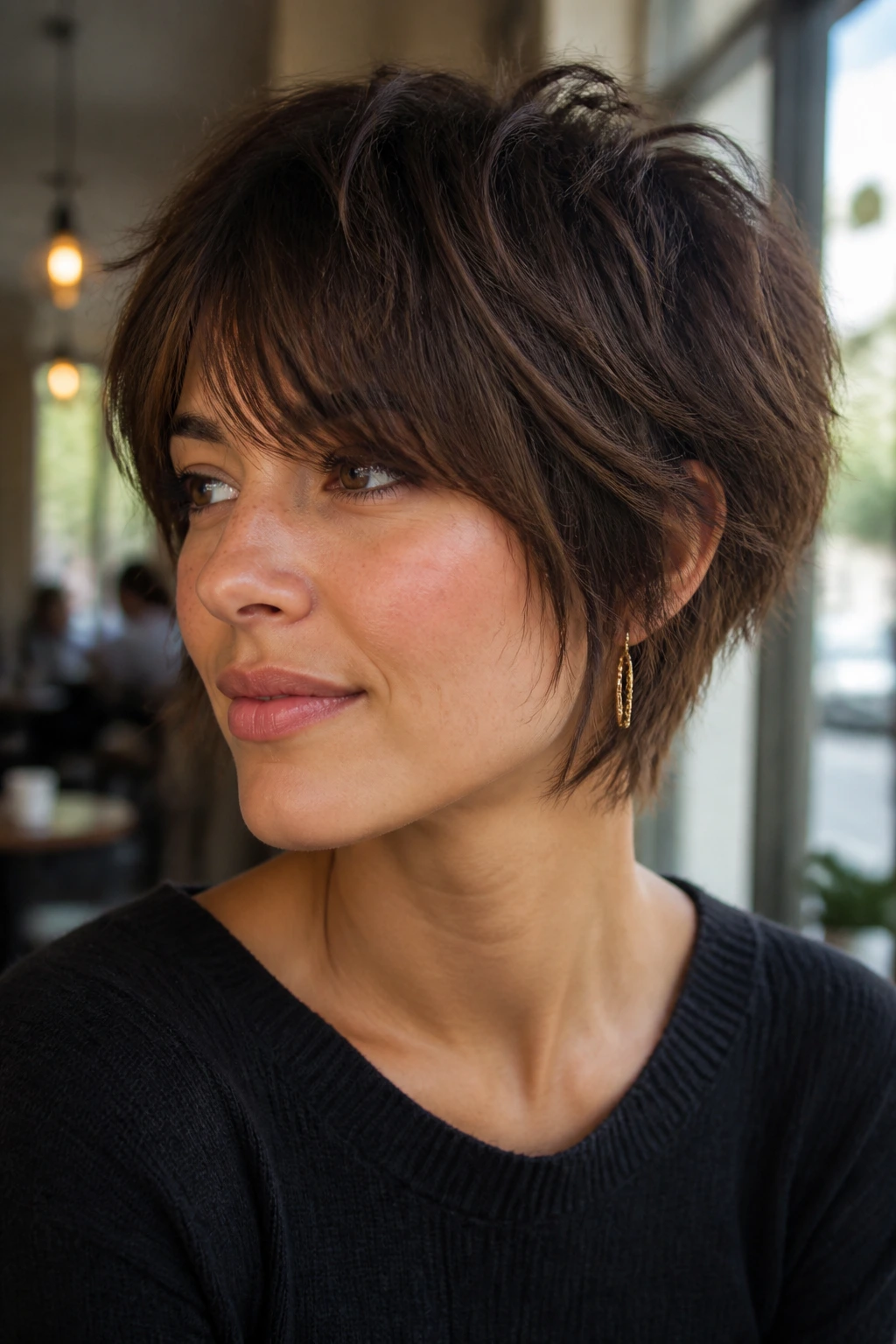 Close-up portrait of a real woman with a layered crop and choppy ends hairstyle