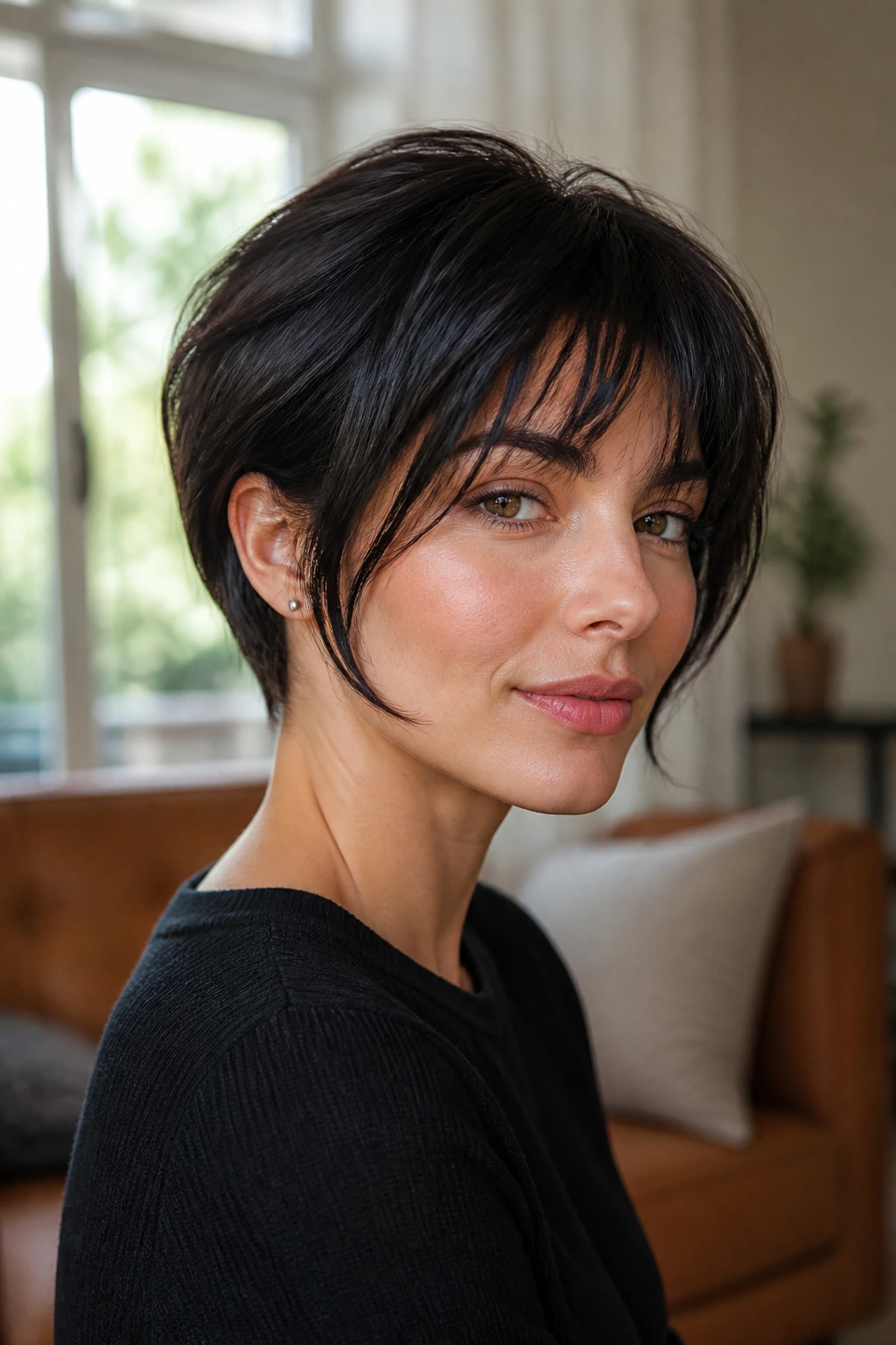 Close-up portrait of a real woman with a layered crop and face-framing bangs in a light living room.