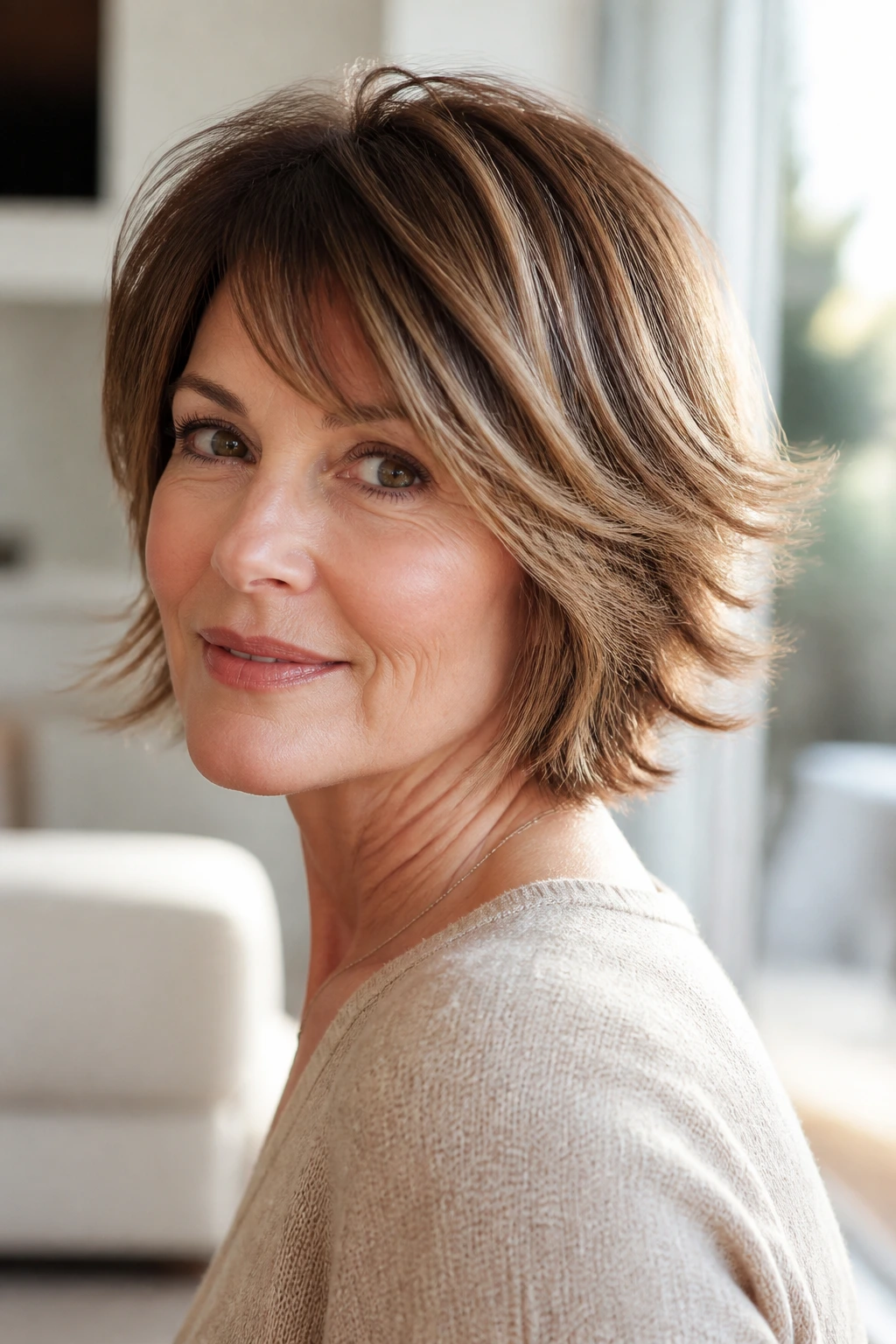 Close-up of layered crop with flipped-out ends on a real woman