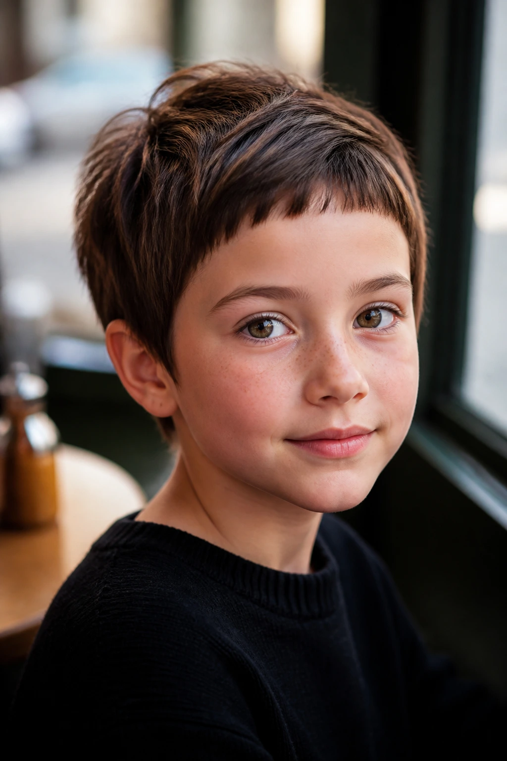 Child with layered crop and micro bangs in natural window light