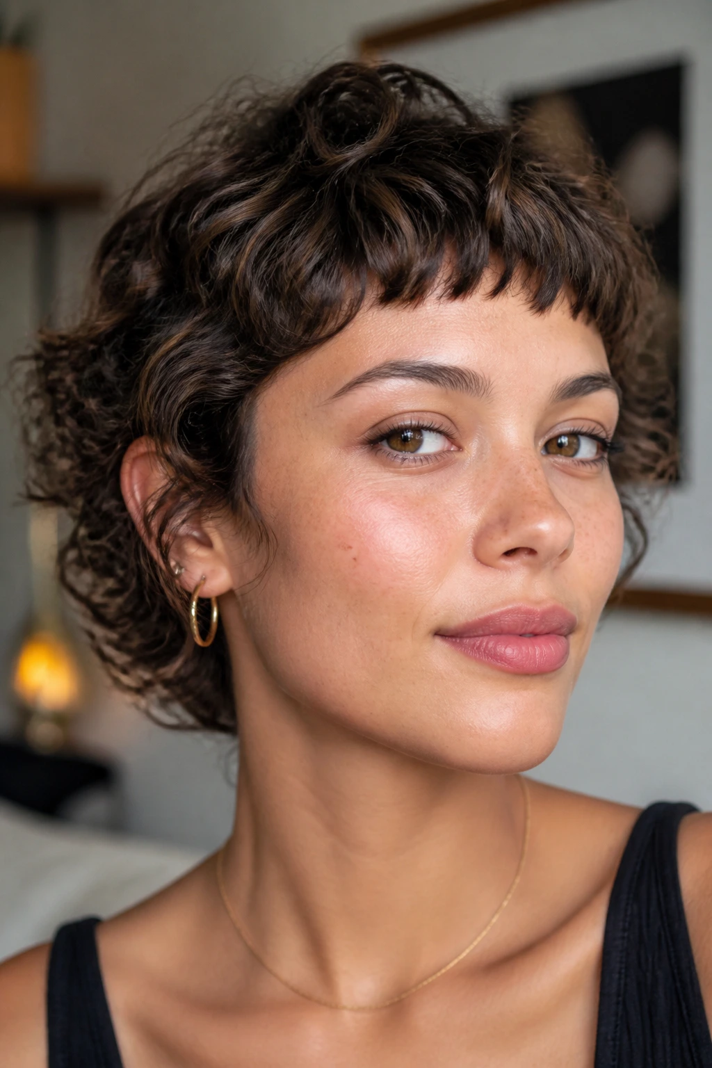 Portrait of a real woman with layered crop and micro fringe