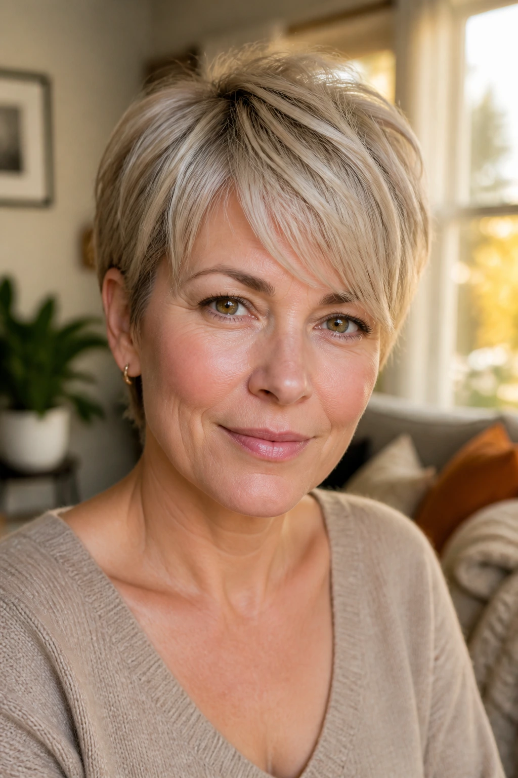 Portrait of a real person with layered crop and off-center bangs.